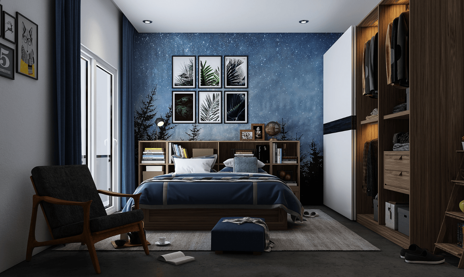 Phòng ngủ màu xanh lịch lãm cho thiết kế nội thất chung cư 60m2