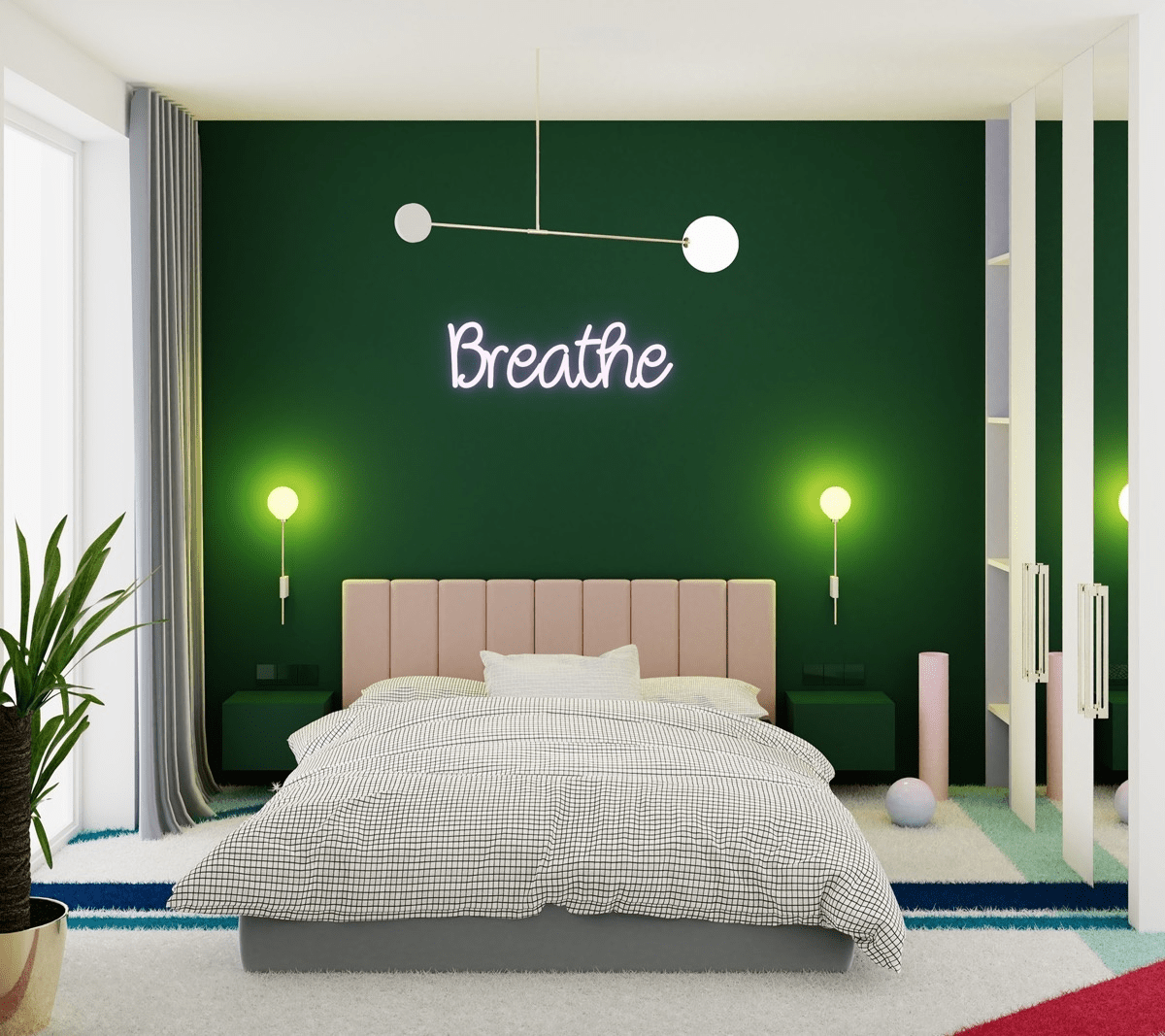 Phòng ngủ màu xanh lá cây căng tràn sức sống cho thiết kế nội thất chung cư 60m2