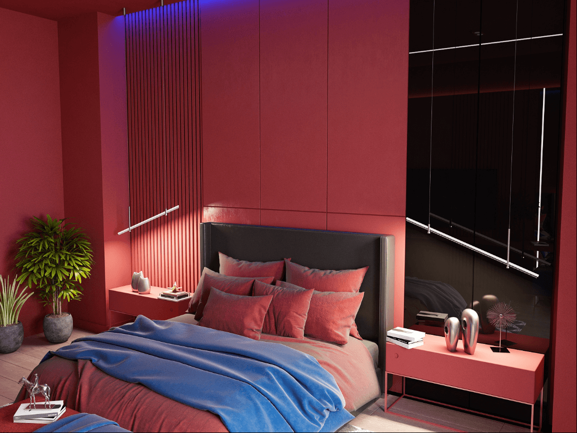 Phòng ngủ màu đỏ nổi bật cho chung cư 60m2 Hà Nội