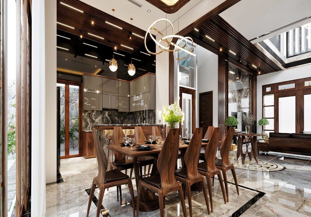 Phòng bếp liền phòng ăn với không gian nội thất gỗ ấn tượng